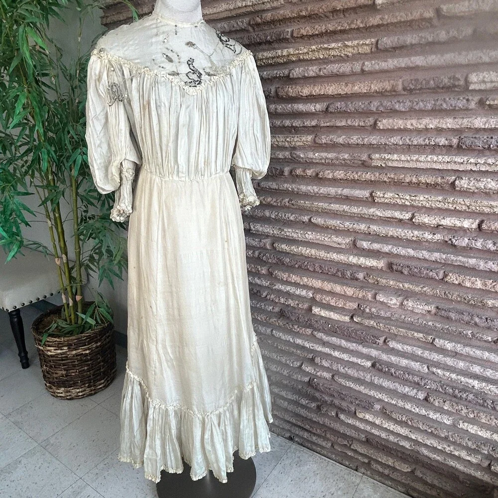 Antique Victorian Ivory Dress Mesh Lace Sequins Distressed Damaged As Is - Picture 5 of 16